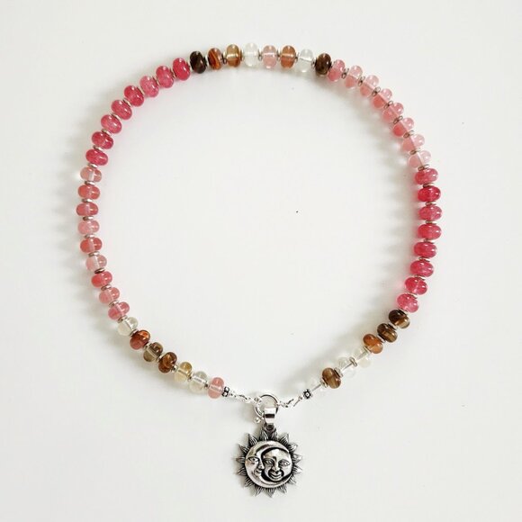 OMBRE ROSE GEMSTONE NECKLACE W. SUN & MOON PENDANT--16" - Picture 3 of 4